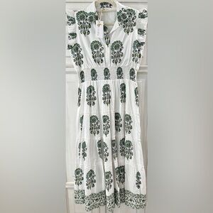 Floral White and Green Midi Dress